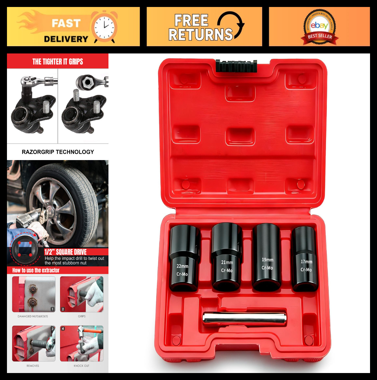 5 PCS 1/2″ Twist Socket Set – 6-Point Nut & Bolt Extractor Tool Kit, Lug Nut Rem
