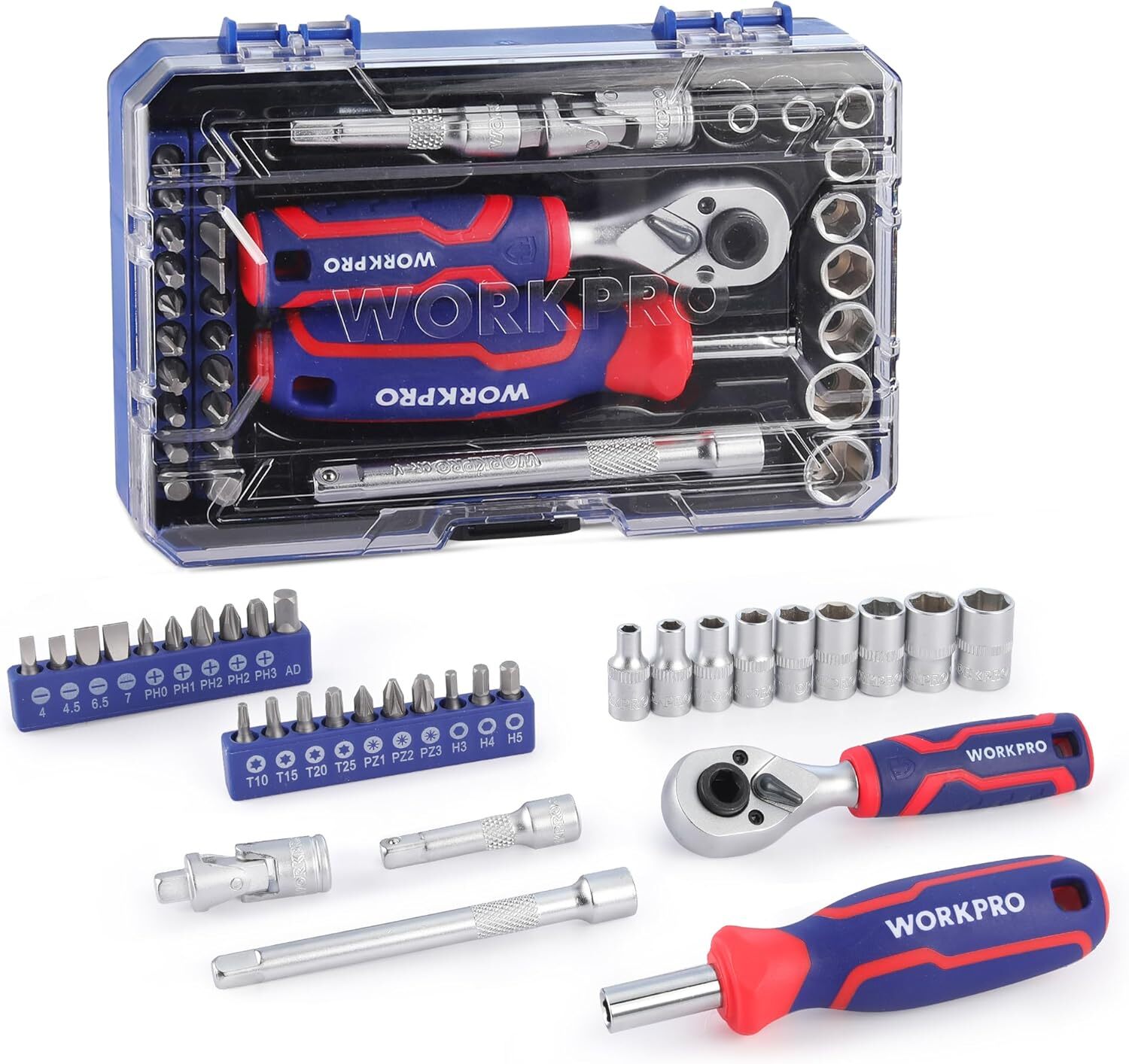 WORKPRO 34 PCS 1/4″ Dr. Master Socket Set Metric with Blue, Red, Silver