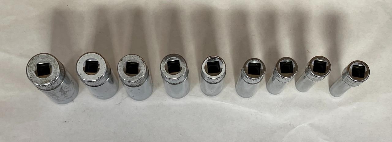 SNAP-ON 9 PC 1/4″ DRIVE 6 PT DEEP SOCKETS (5.5mm STMM5.5- 14mm STMM14) USED.