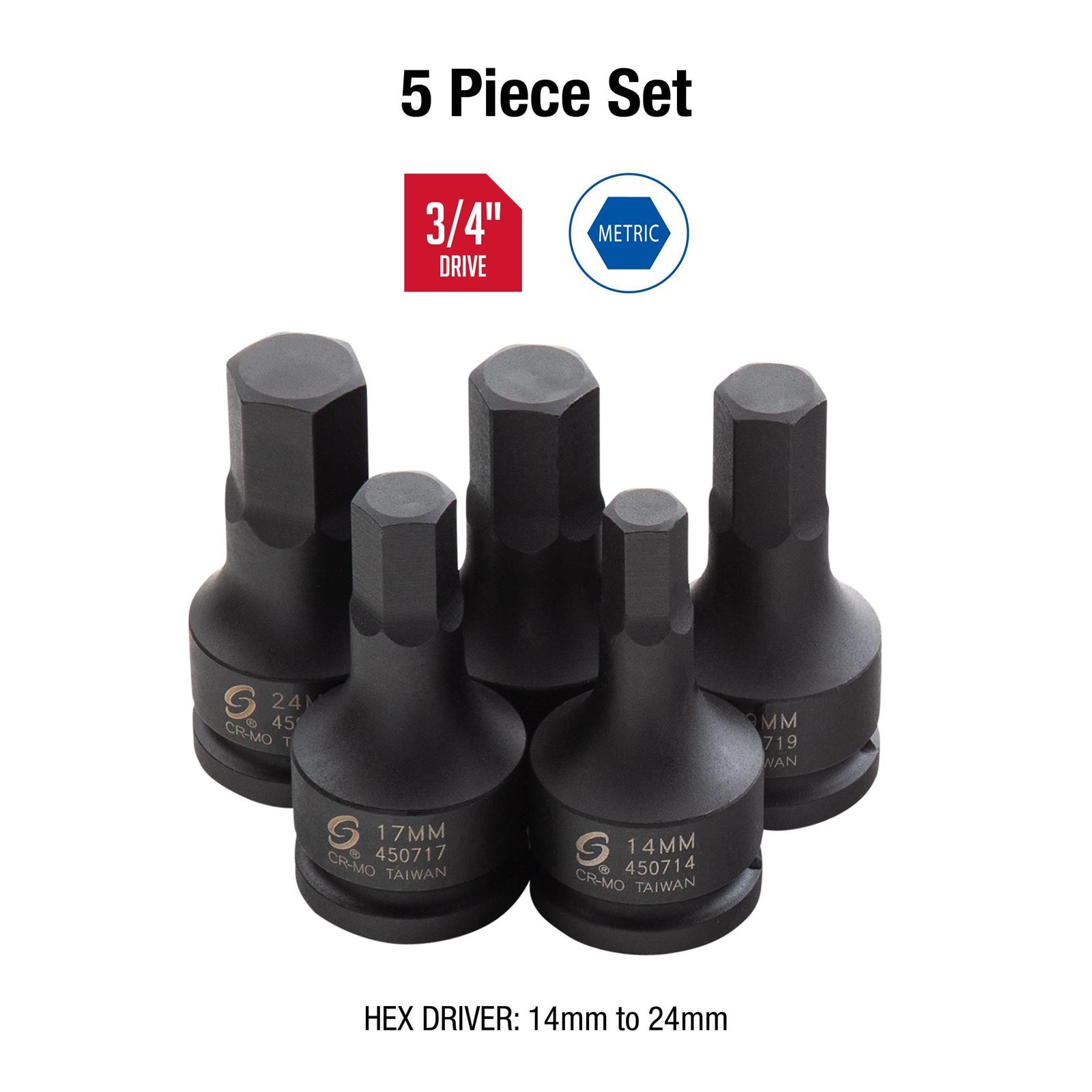 Sunex 4507 3/4″ Dr. 5 Pc. Metric Hex Drive Impact Socket Set