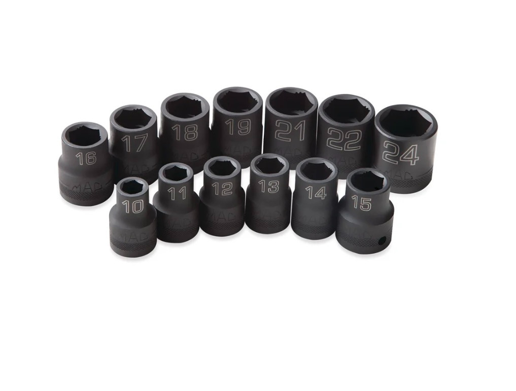 Mac Tools SVPM136BRPT 13-piece 1/2″ drive metric spherical impact socket set