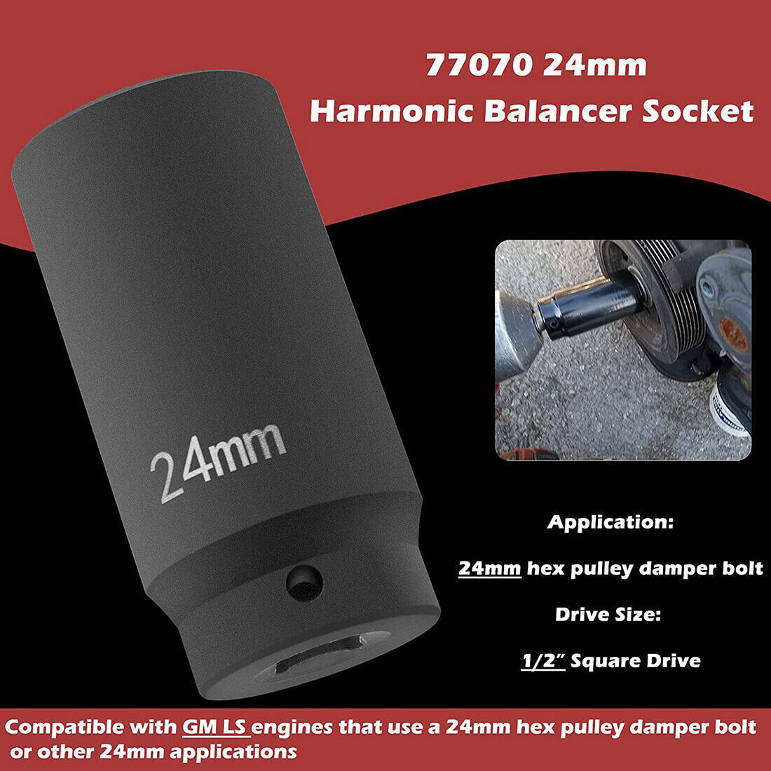 24mm Harmonic Balancer Socket for GM LS Engine Bolt Standard Impact Socket 77070