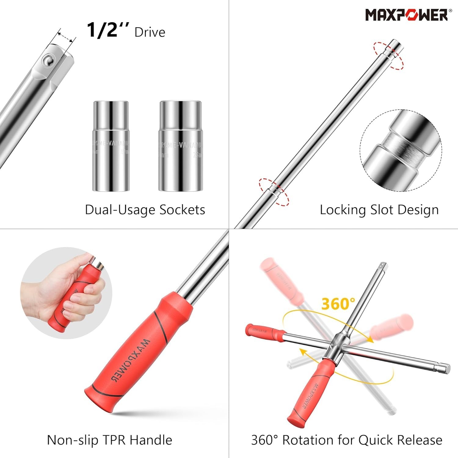 MAXPOWER Lug Wrench 1/2″ Drive with 2 Sockets (17/19, 21/23mm) + Box