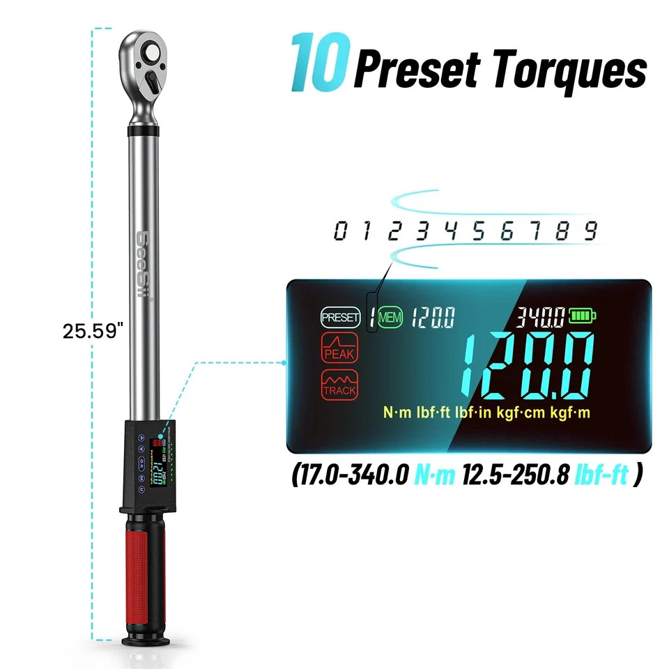 Seesii Digital Torque Wrench 1/2″ Electric Torque Wrench 17-340Nm/12-250 ft-lbs