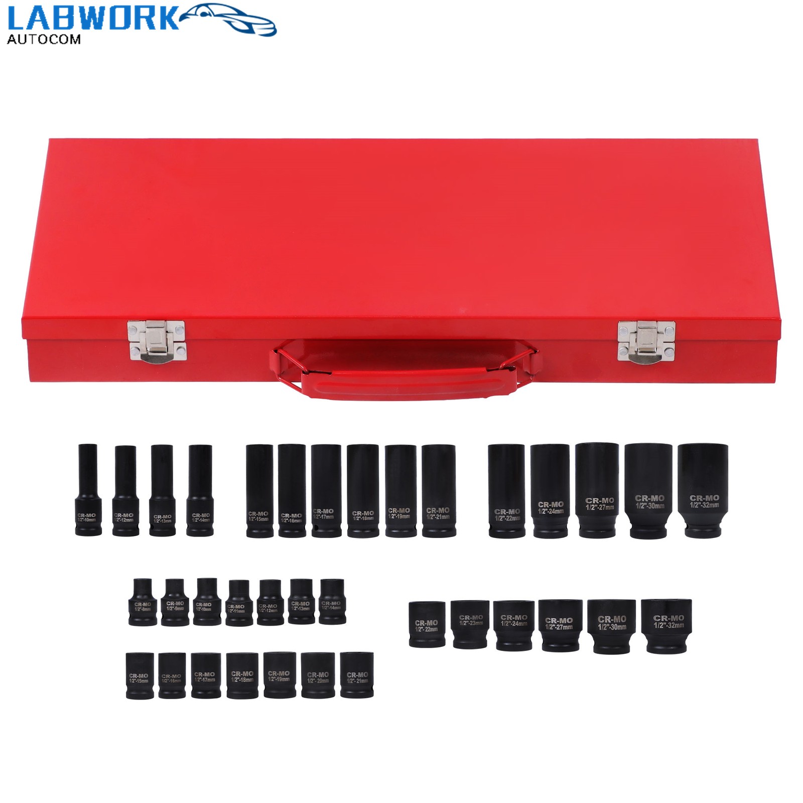 35PCS 1/2″ Deep Impact Socket Set Drive 6 Point Metric Garage Tool 8 – 32mm