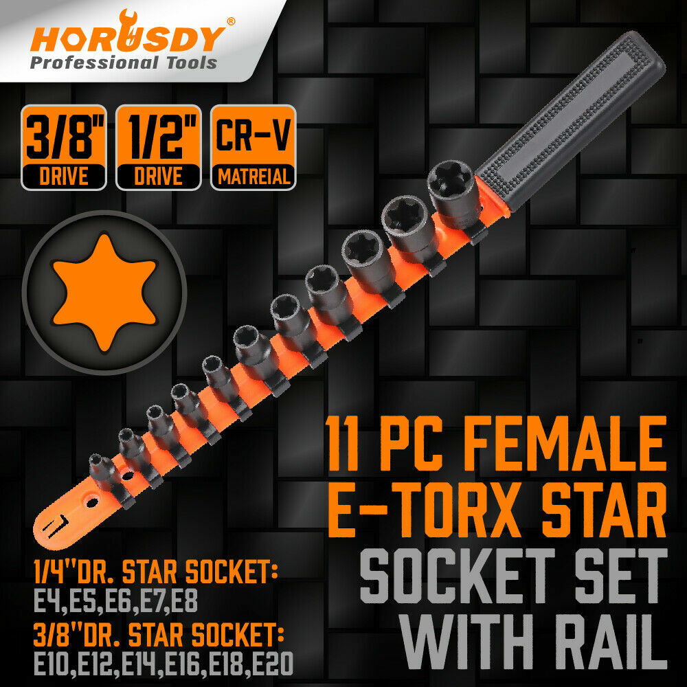11PC Female E-TORX Star Socket Set External E4-E20 Torque 3/8″ 1/4″ Dr. & Rail