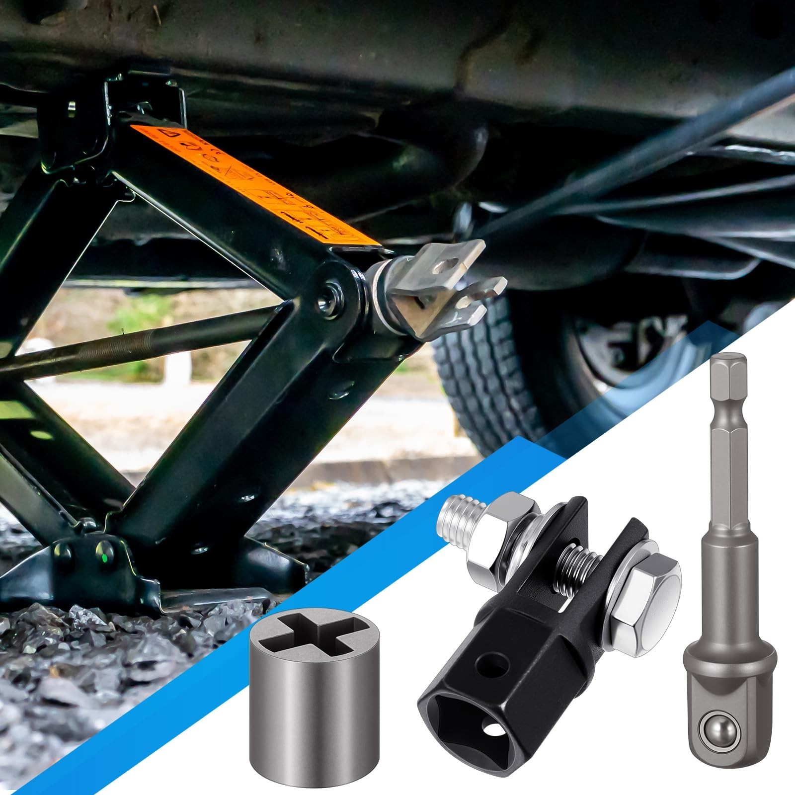 3 Pcs Heavy-Duty Scissor Jack Adapter Set for Hand Drill & Impact Wrench, 1/2″ S