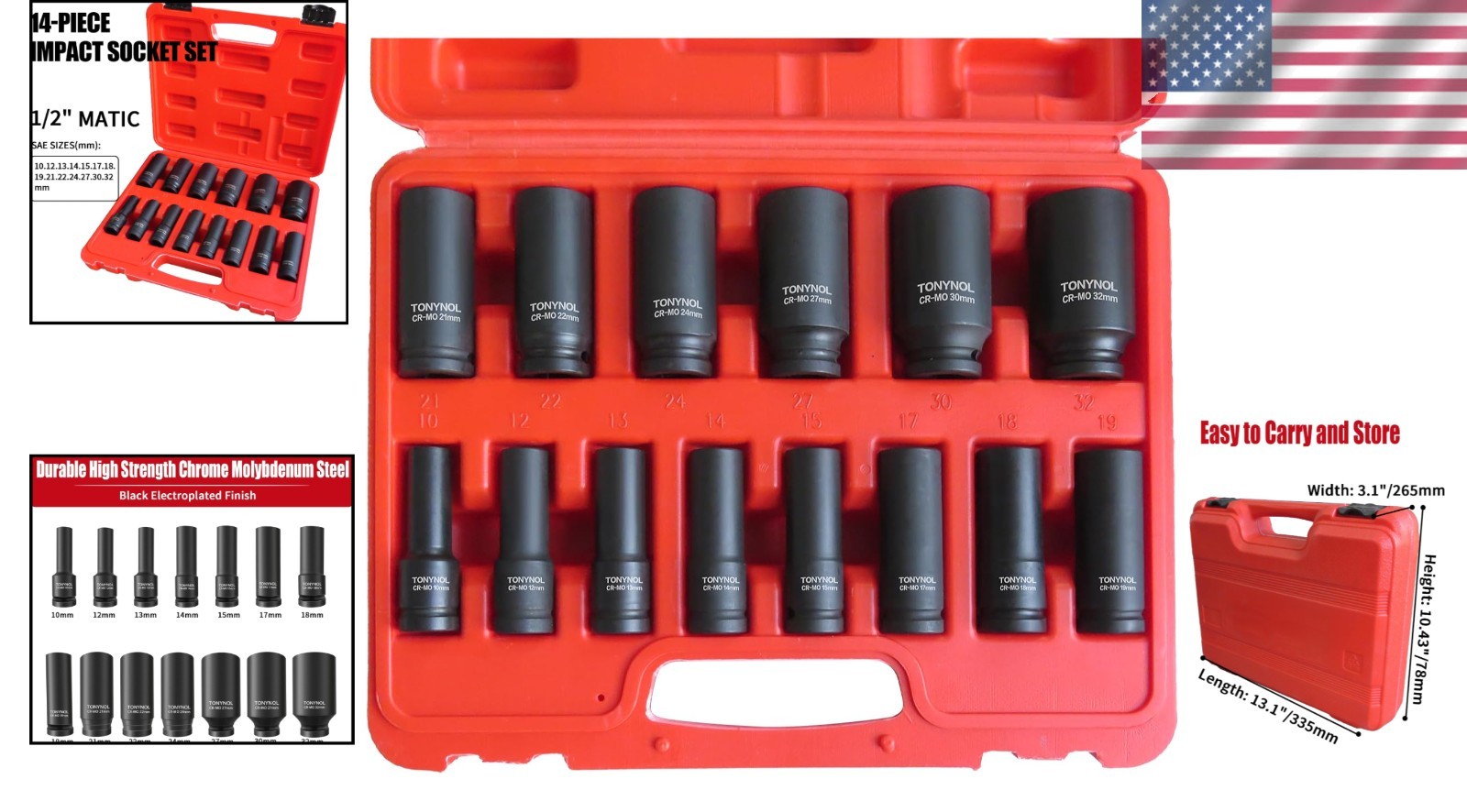 1/2 Inch Impact Socket Set – 14 Metric Sizes, Chrome Moly Steel Construction