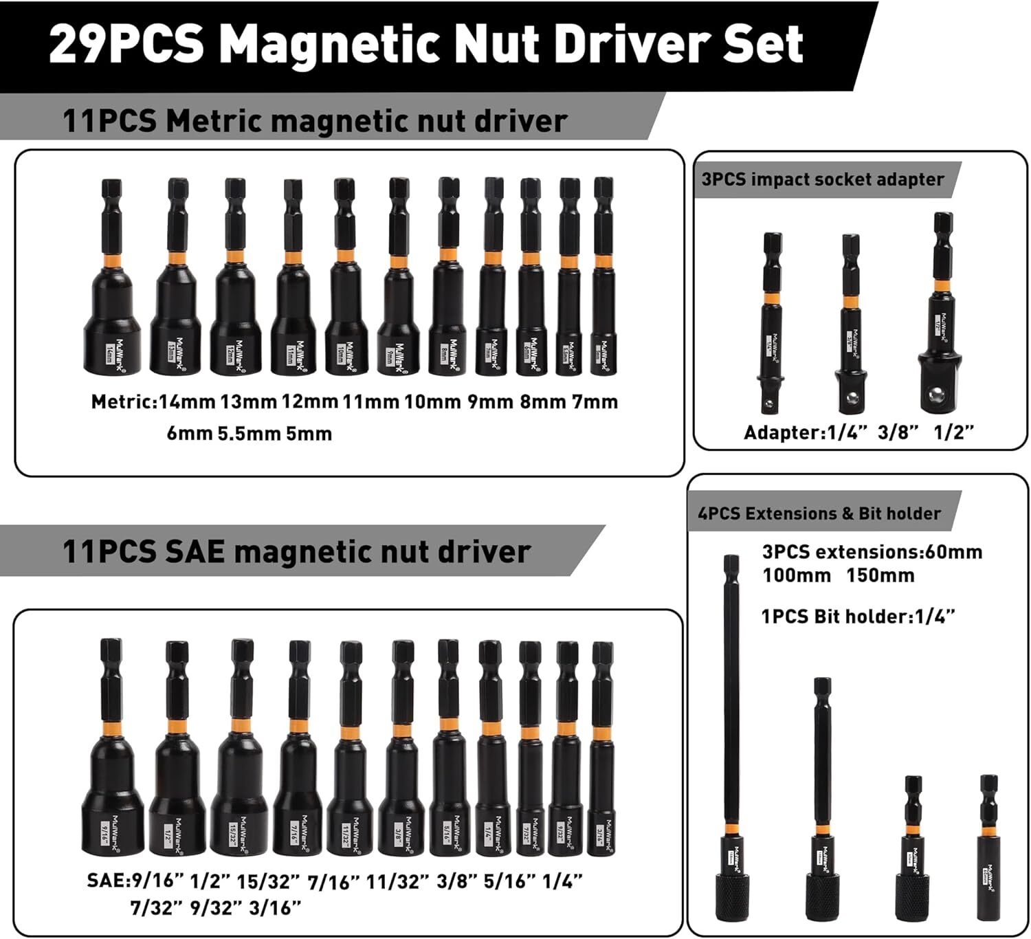 29 Piece Magnetic Nut Driver Set, Impact drill socket adapter, SAE, and Metric