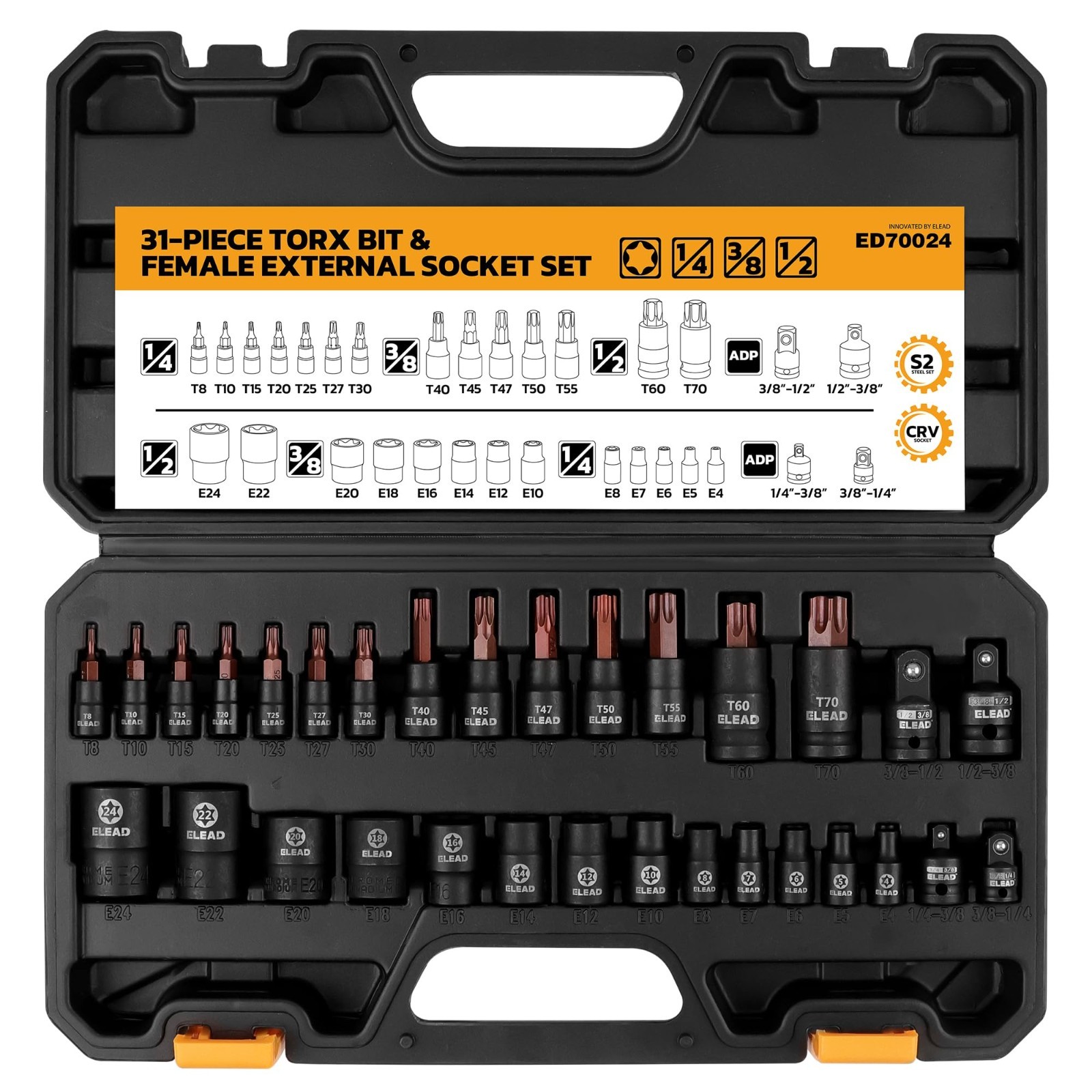 31-Piece Torx Bit Socket Set, CR-V & S2 Steel, T8-T70 & E4-E24, High Torque, Las