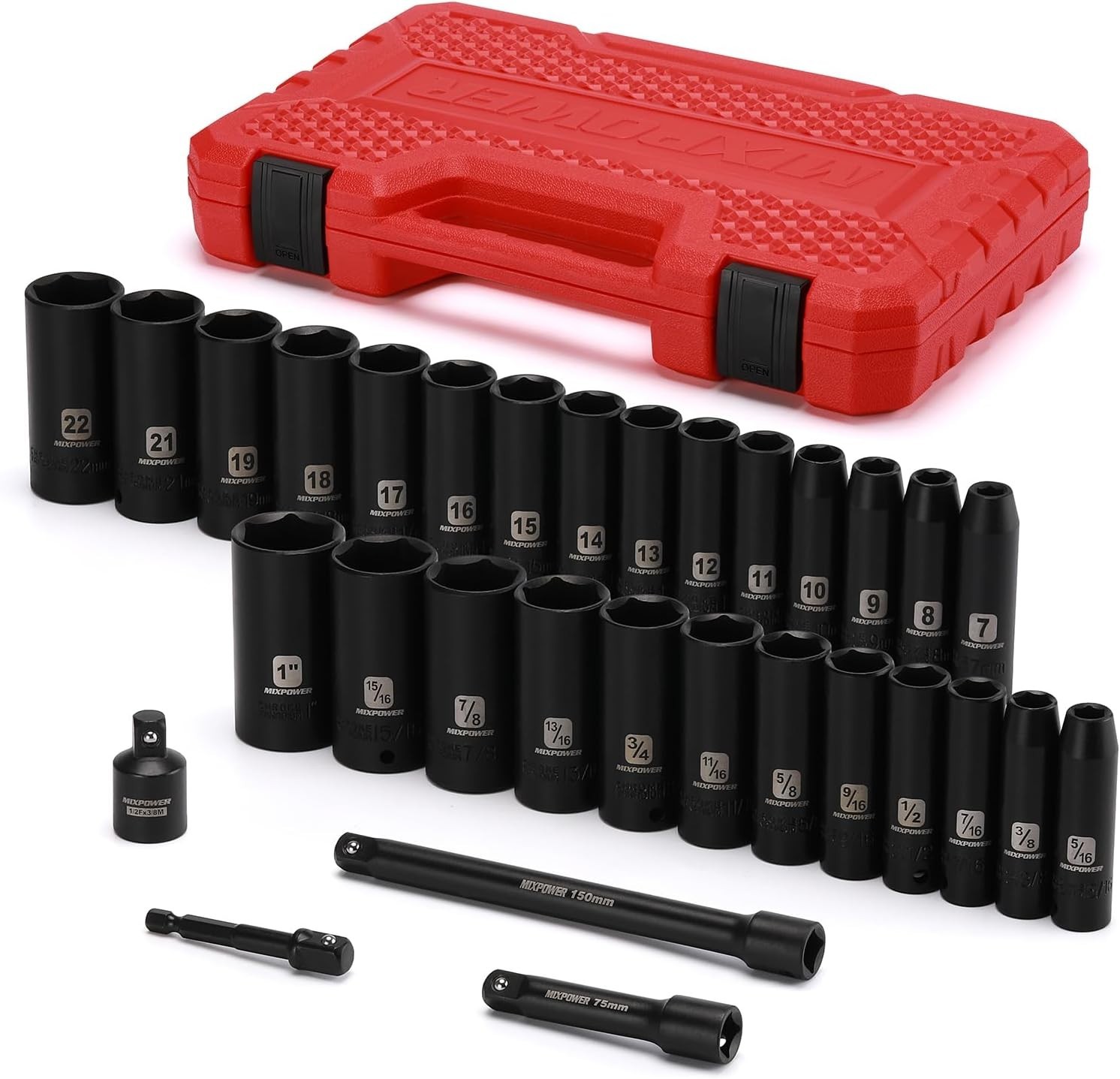 Metric & SAE Socket Set, CR-V Steel, 3/8″ Drive^