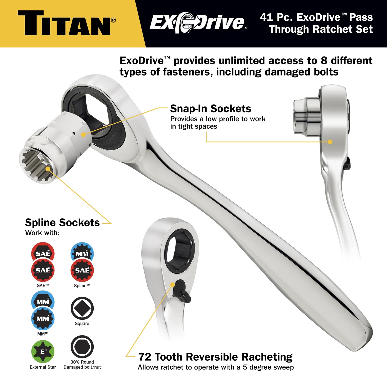 Titan 17441 1/4-Inch & 3/8-Inch Drive 41-Piece ExoDrive Set, Silver
