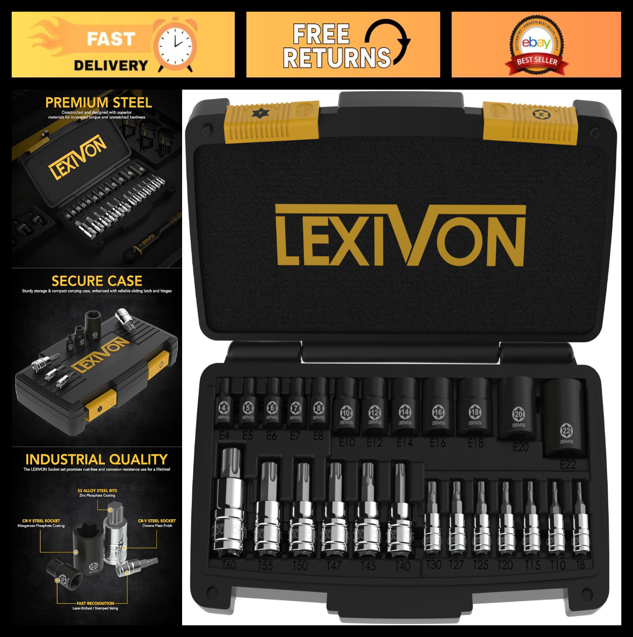 25-Piece Torx Bit & Socket Set, Premium S2 Alloy & Cr-V Steel, E-Torx T8-T60, He