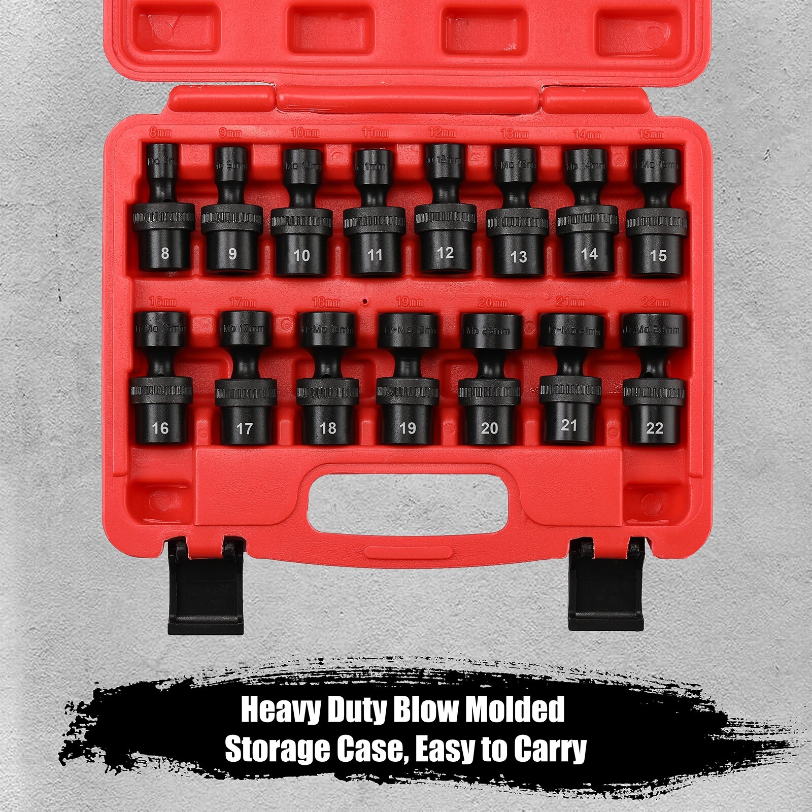 15 Piece 3/8″ Drive 6 Point Universal Flex Impact Socket Set, Metric, 8mm – 22mm
