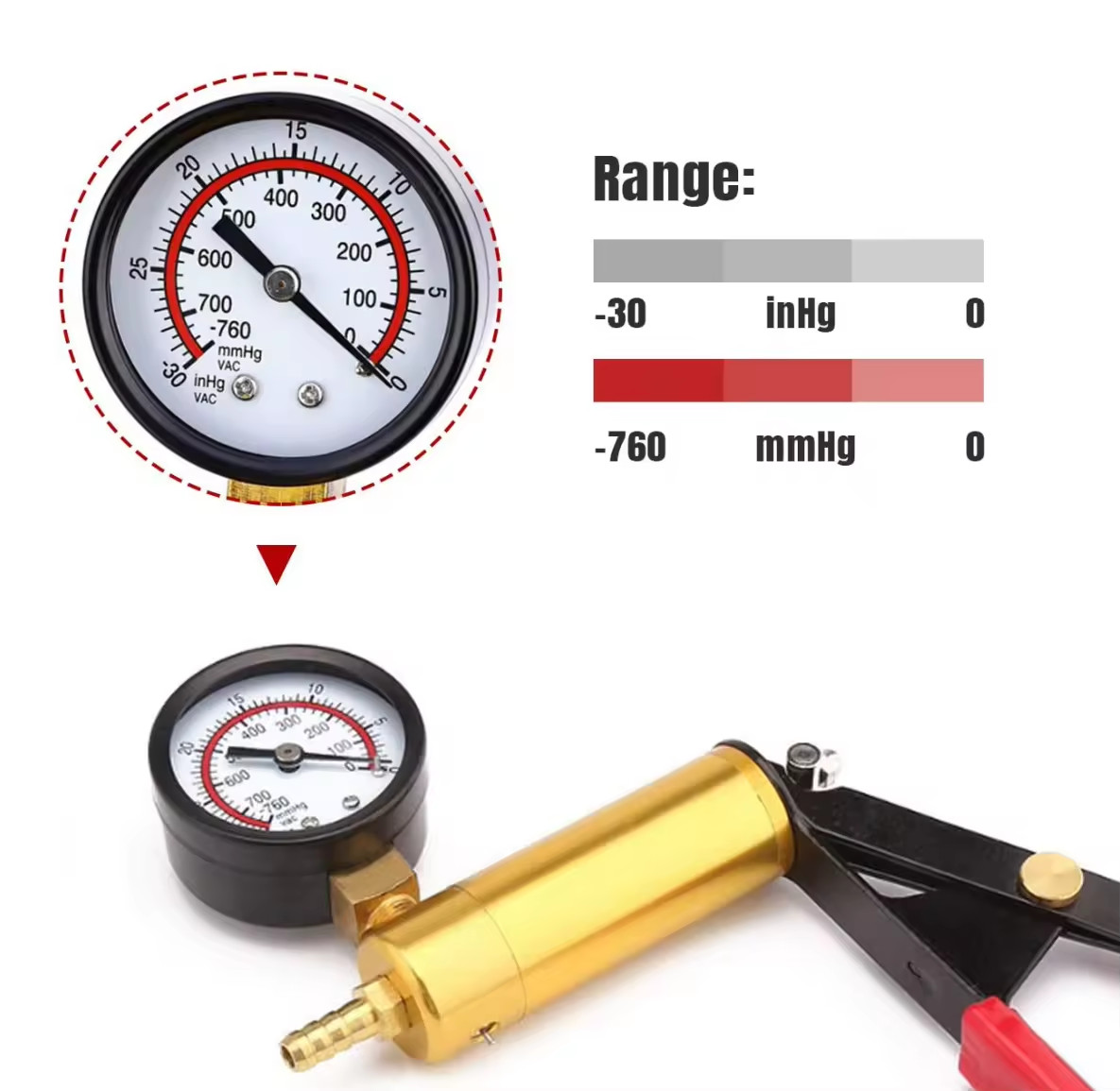 Car Vacuum Pump Tester, Hand Brake Liquid Suction Tool, 0~30 inHg 0~760 mmHg kPa