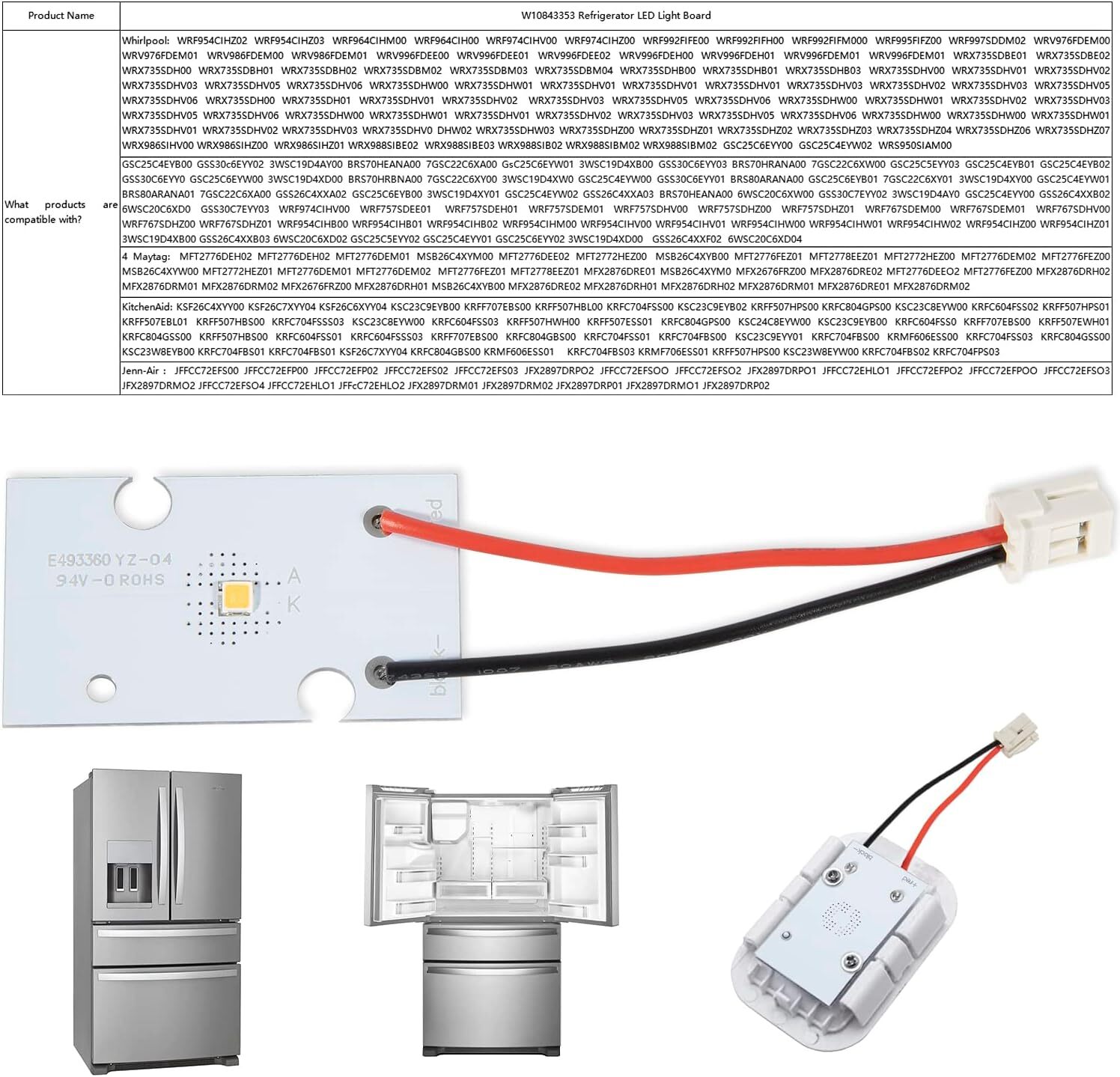 W10843353 Refrigerator LED Light Board Module for KitchenAid Maytag Whirlpool