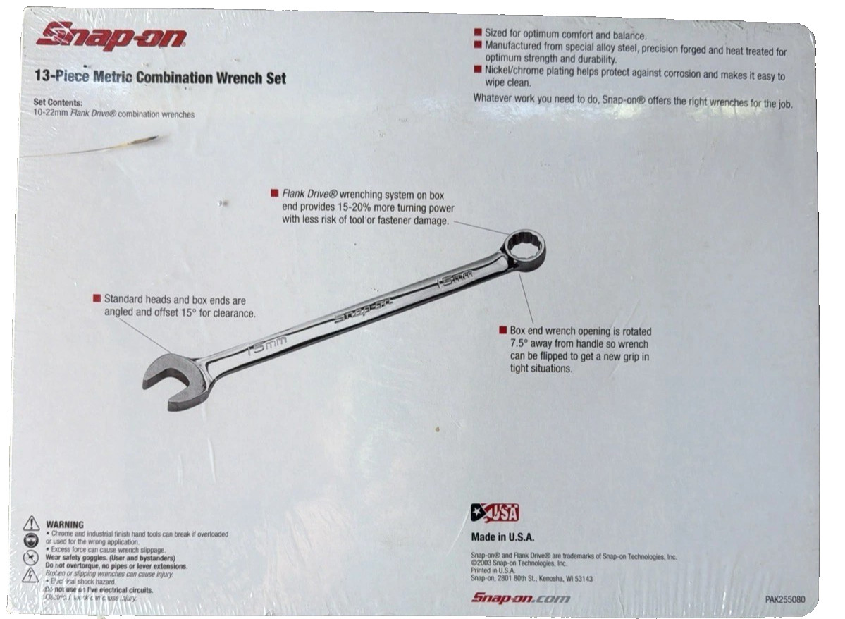 New Nos Snap-on™ 10 thru 22 mm 12-point box Combination Wrench Set OEXM713B