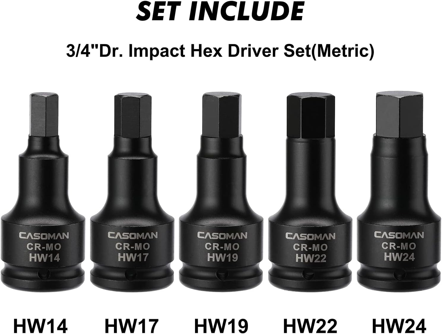 3/4 Inch Drive Impact Hex Driver Set 5pcs Metric 14mm,17mm,19mm,22mm,24mm,CR-MO