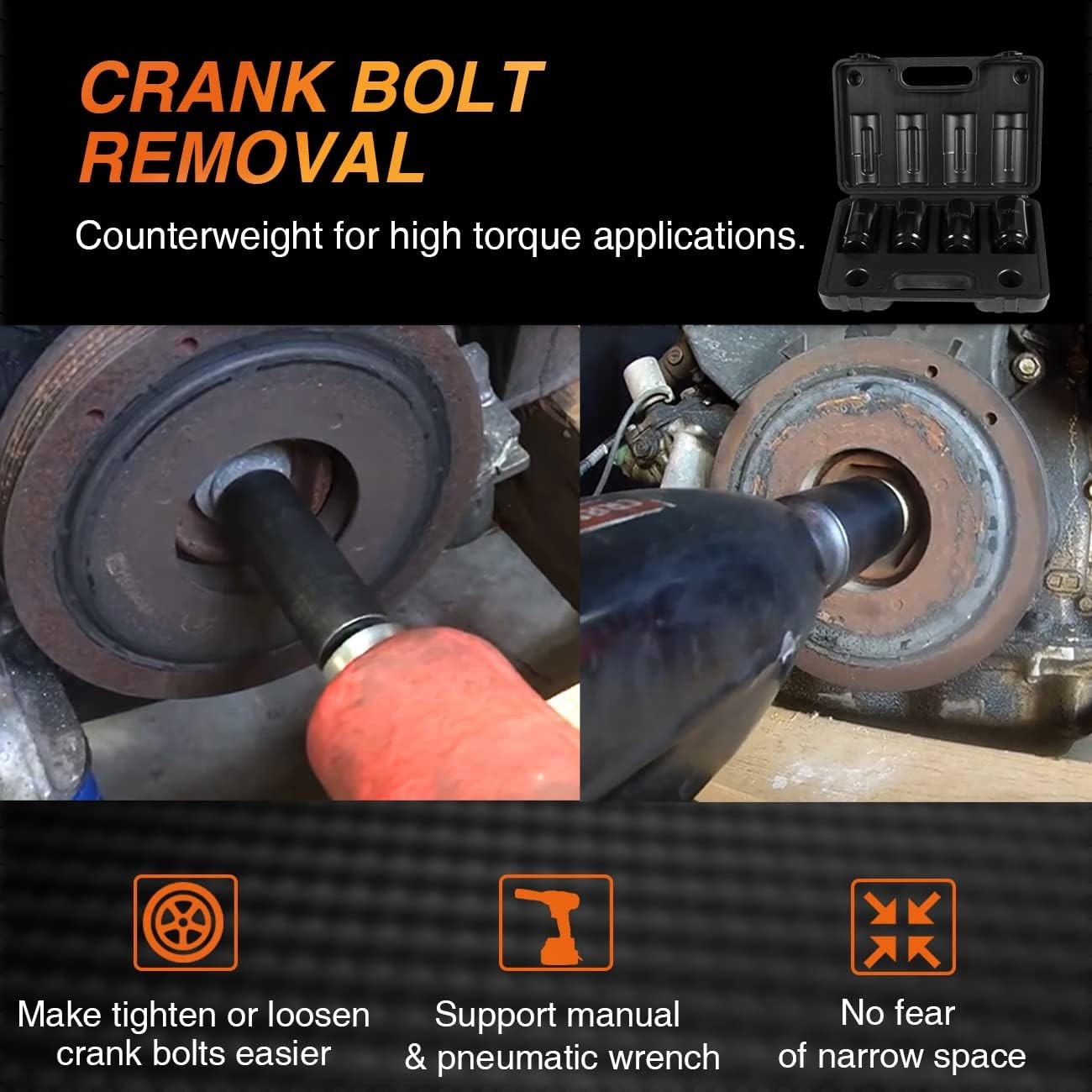 3X Power Harmonic Balancer Crank Bolt Removal Tool Socket Set 17 21 22 27mm 1/2″