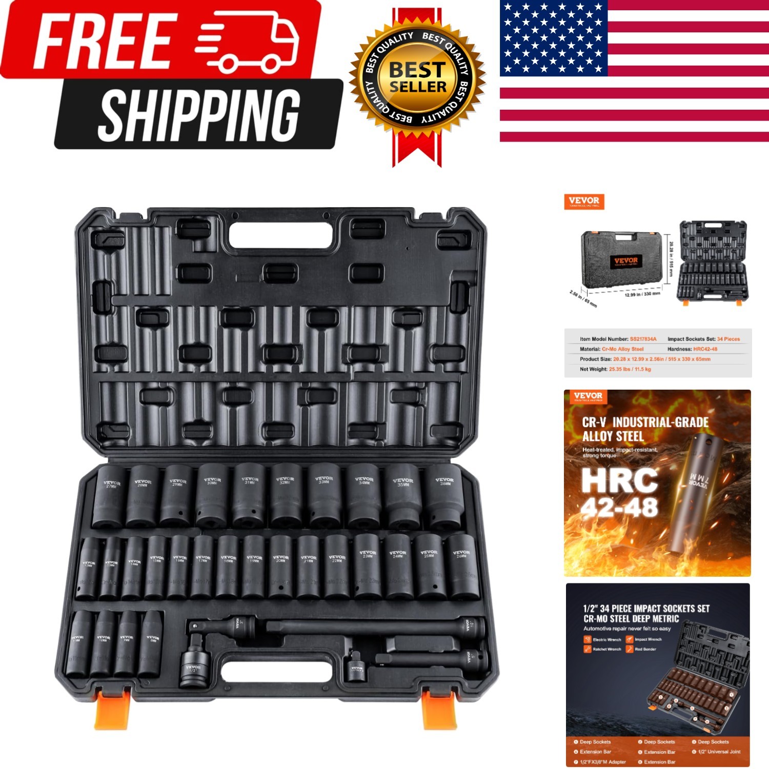 1/2″ Drive Impact Socket Set, 34 Piece Socket Set Metric 8-36mm, 6 Point Cr-M…