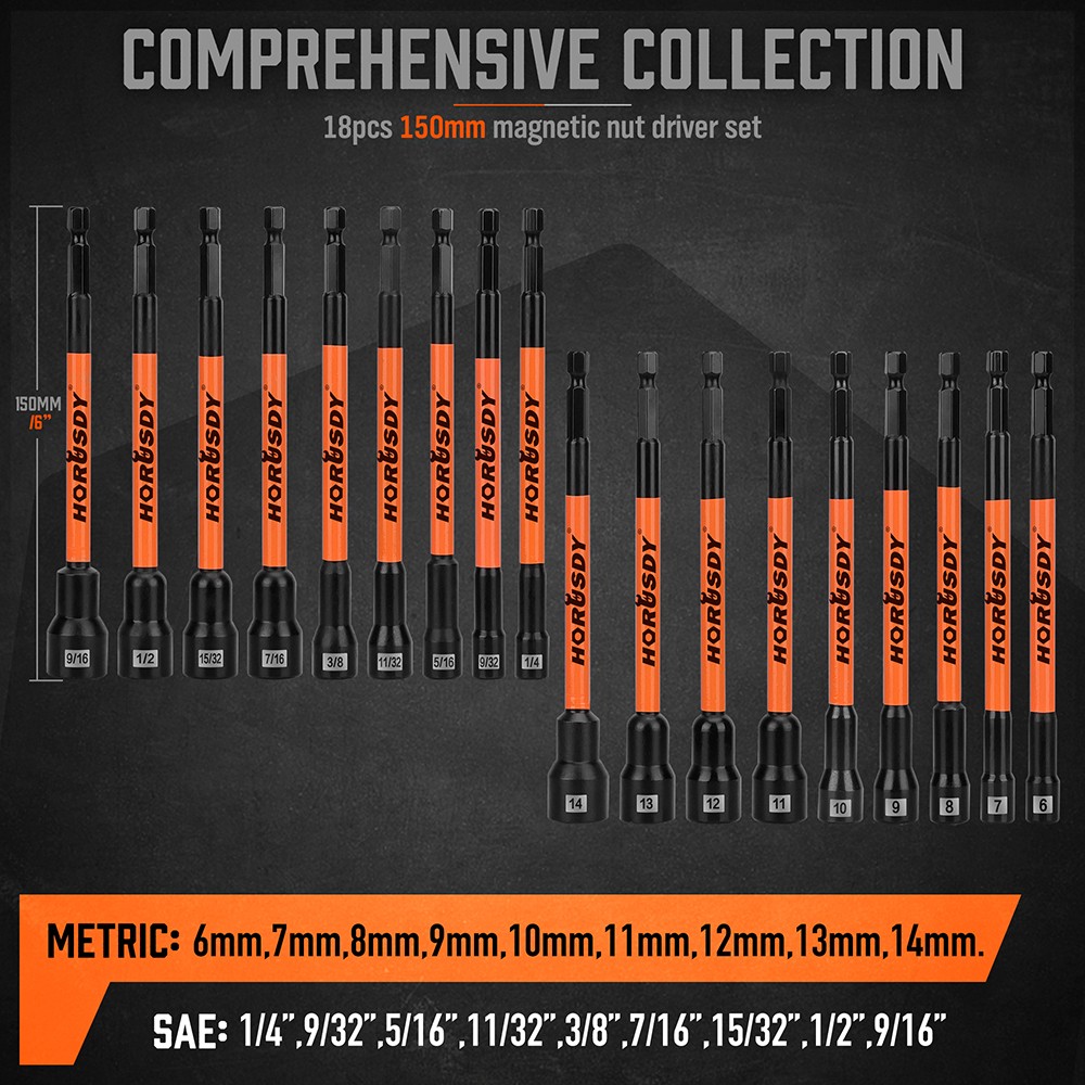 18PC Extra Long Magnetic Nut Driver Set Impact Dril 1/4″ Quick-Change Hex Shank
