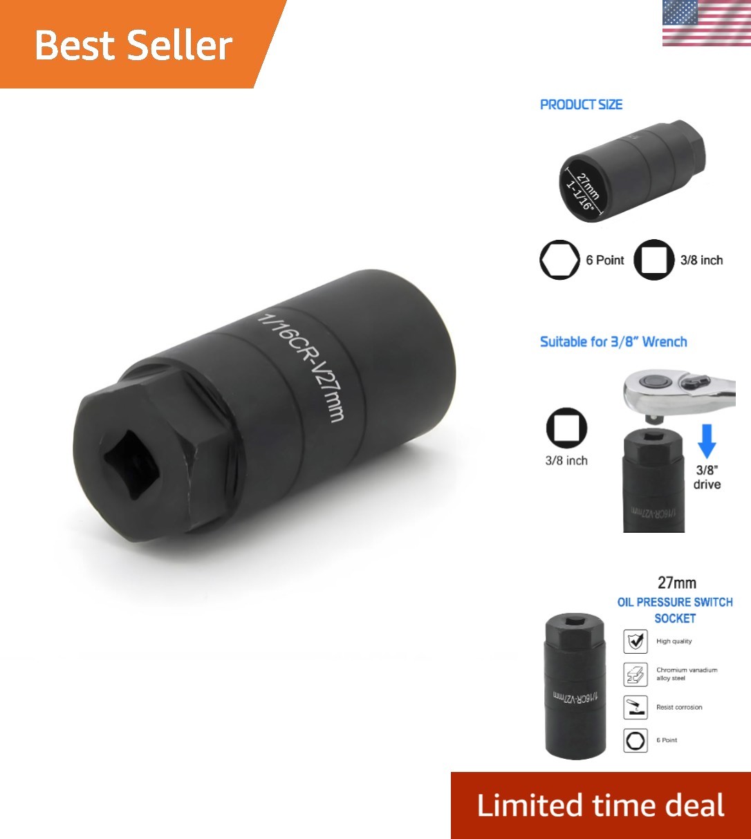 Effortless Oil Pressure Switch Removal Tool, 1 1/16» Chrome Molybdenum Socket