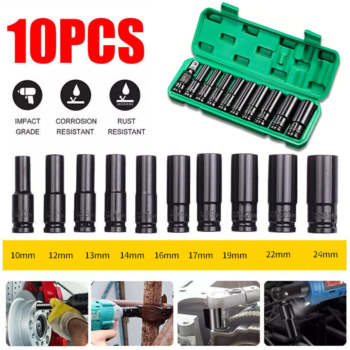 10pc Metric Deep Impact Socket 1/2″ Drive 10mm-24mm 6 Point Sockets w/ Case Set