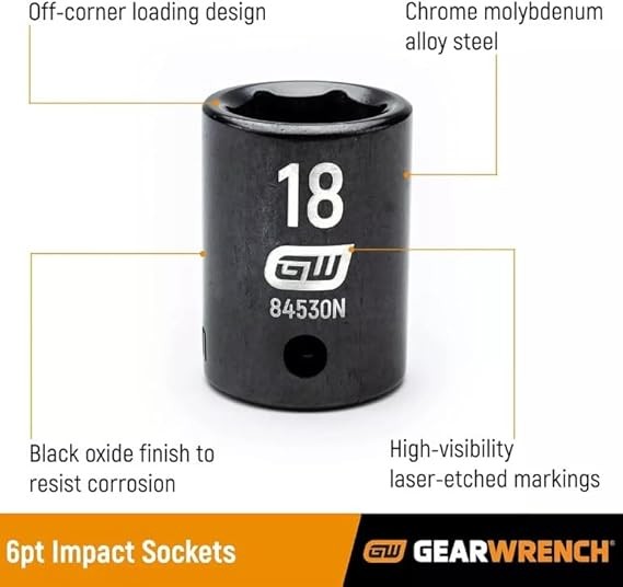 GearWrench 12 Pc 1/2″ Drive Metric Standard Impact Socket Set 6 Pt 84930N