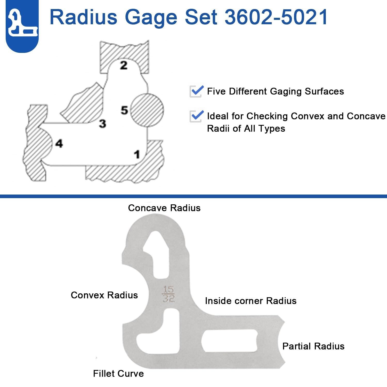 Radius Gauge Set25PCS 1/64-1/2 Stainless Steel Measuring Tool w Holder 3602-5021