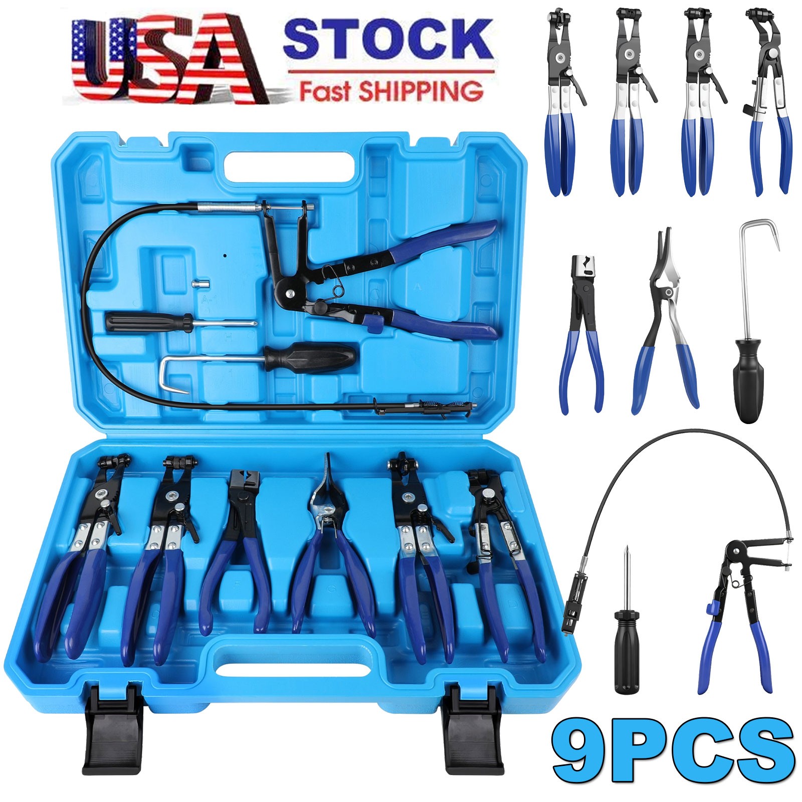 9PCS Hose Clamp Clip Plier Set Swivel Jaw Flat Angled Band Automotive Tool Set