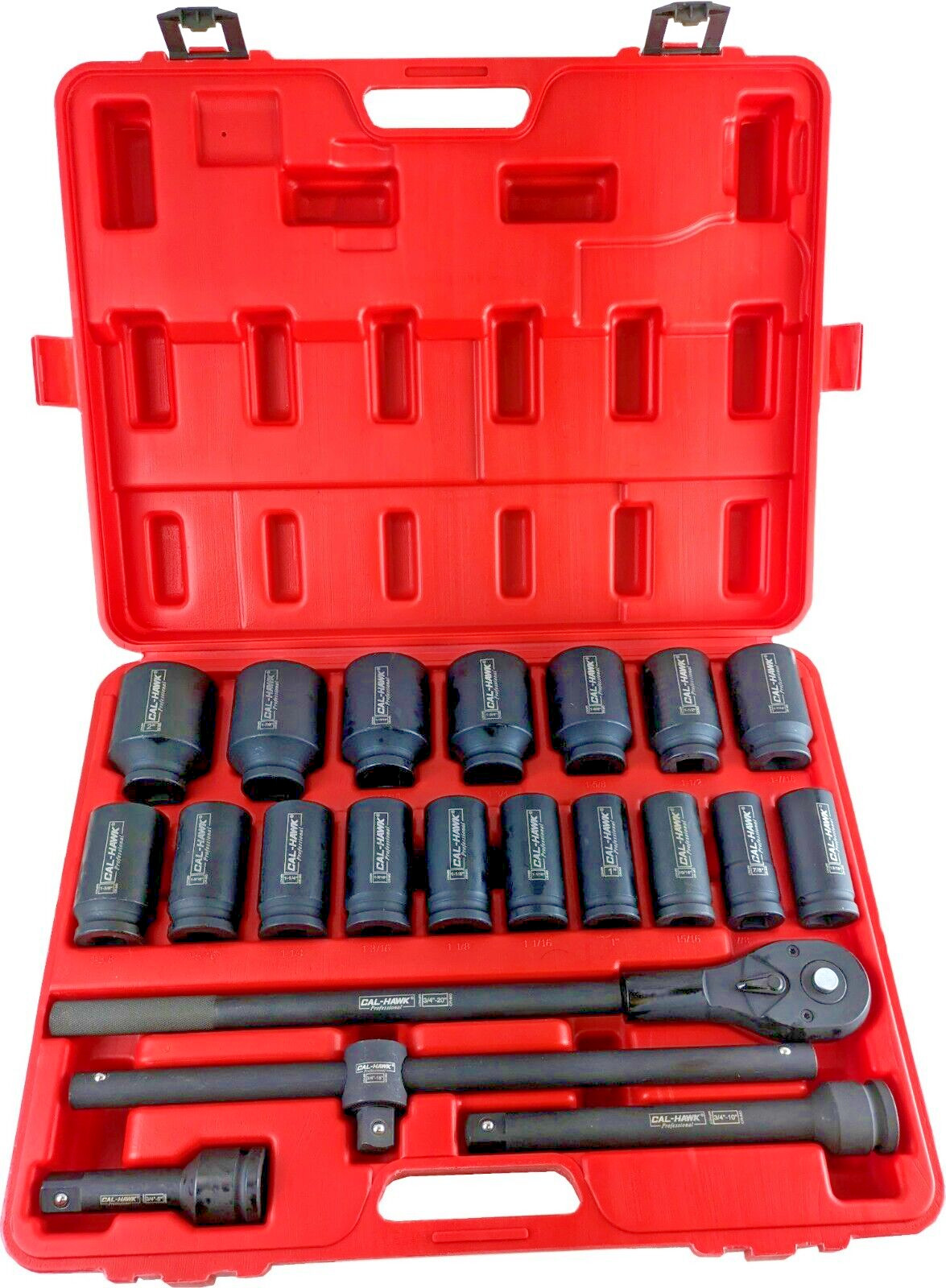 21PC CAL HAWK 3/4″ Dr. 6 POINT SAE Deep Impact Sockets Chrome Molybdenum Skt Set