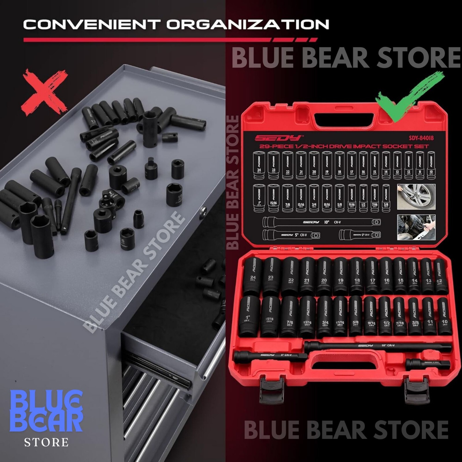 1/2″ Drive Heavy Duty Impact Socket Set Deep Shallow Metric SAE w Extension Bars