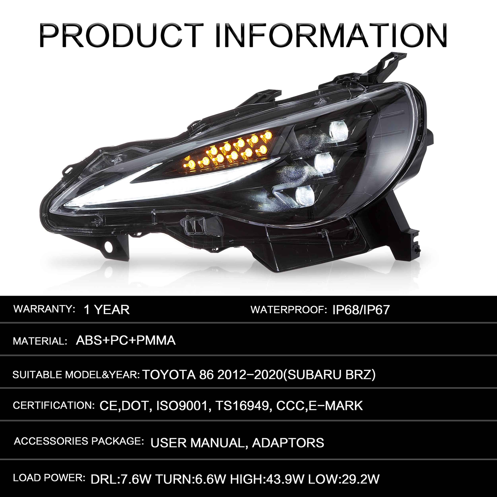 VLAND LED Projector Headlights For 12-20 Toyota 86/Subaru BRZ/FR-S w/Sequential