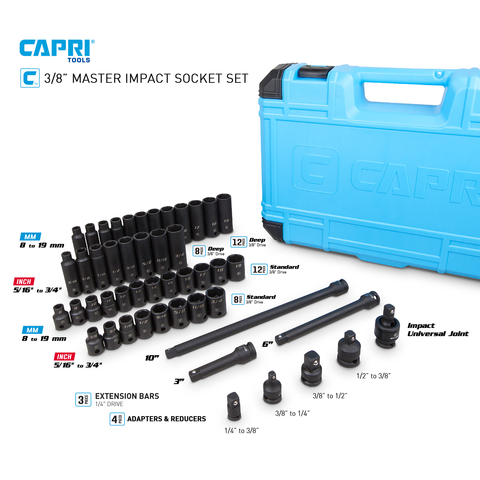 Capri Tools 3/8 in. Drive Master Impact Socket Set, Metric and SAE, 48-Piece