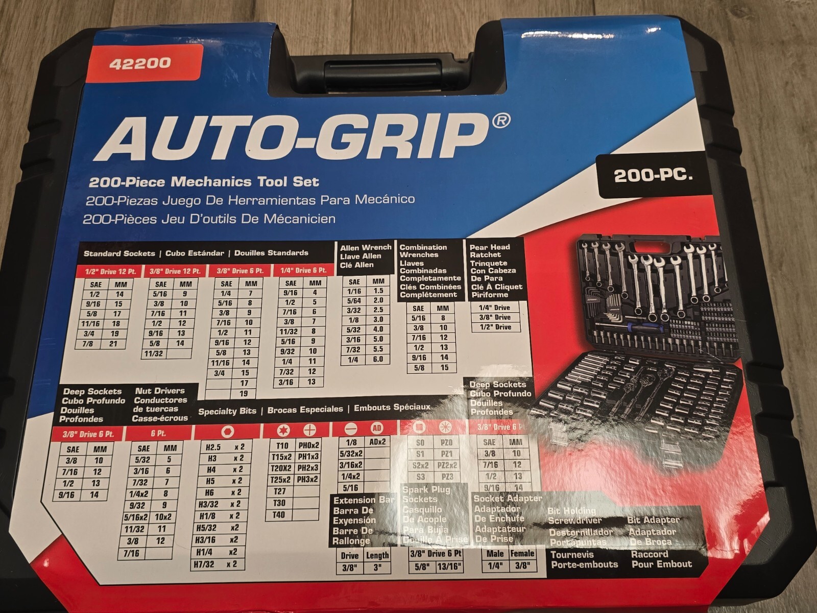 AutoGrip 200pc Master Tool Set w/1/4, 3/8 & 1/2 Dr Metric & SAE w/Wrenches 42200