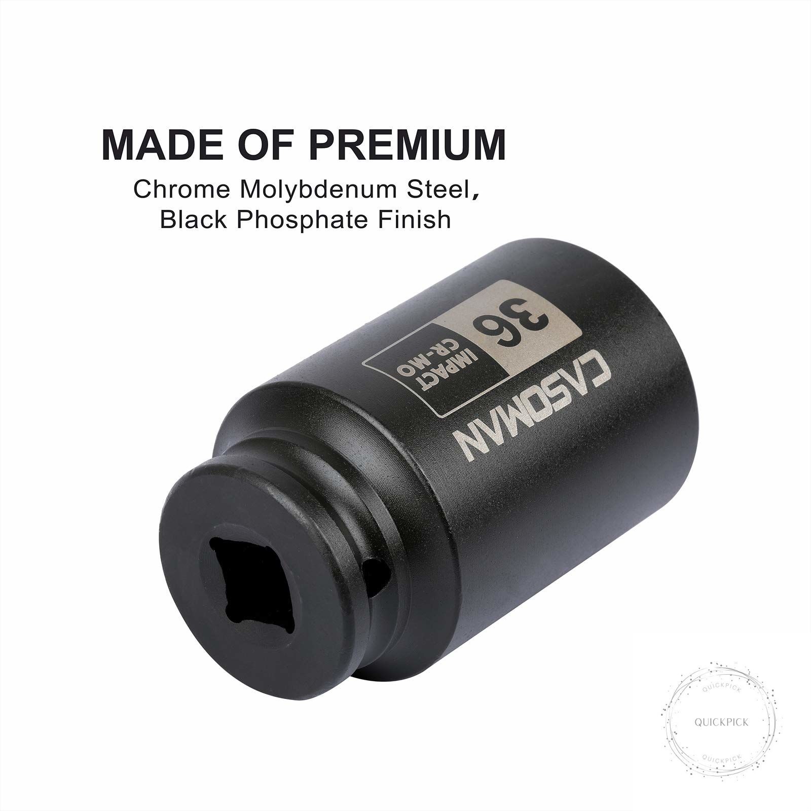 1/2″ Drive x 36 mm Deep 6 PT Impact Socket, CR-MO, 1/2-inch Drive 6 Point Axle