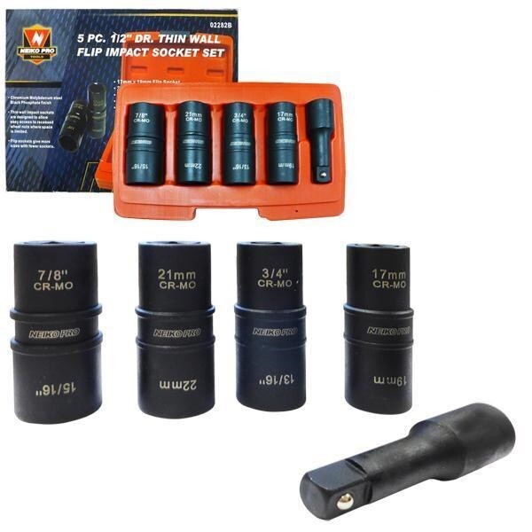 5pc 1/2″ Dr. Thin Wall Flip Impact Socket Set For Auto RIMS TIRES LUG NUTS