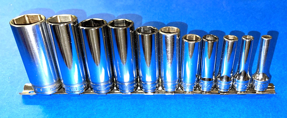 SNAP-ON TOOLS 11 PIECE 3/8 DRIVE SAE. DEEP CHROME 6 POINT SOCKET SET 211SFSY