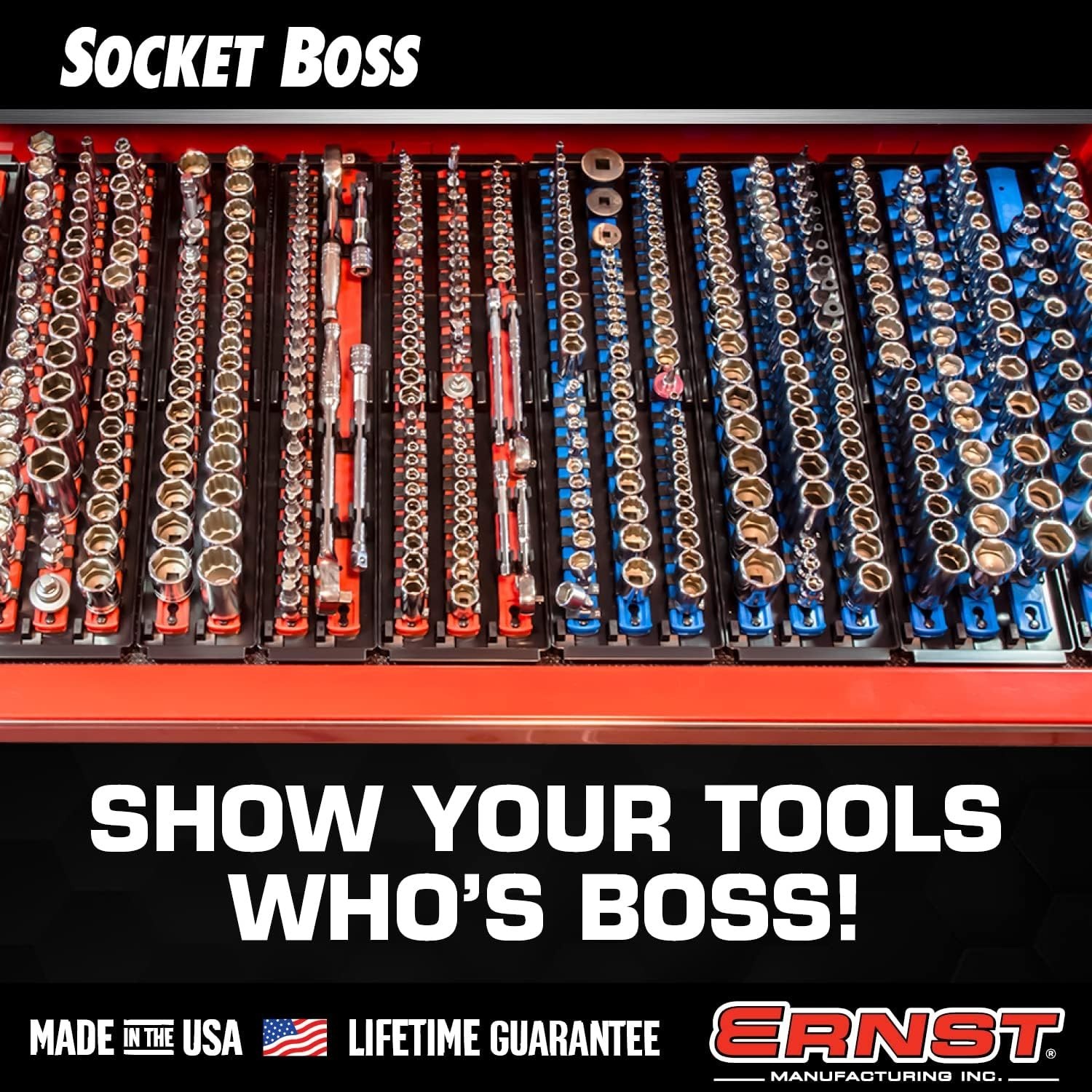 Socket Boss, 2-Rail 3/4-Inch-Drive Socket Organizer, 19-Inch, Red – Made in the
