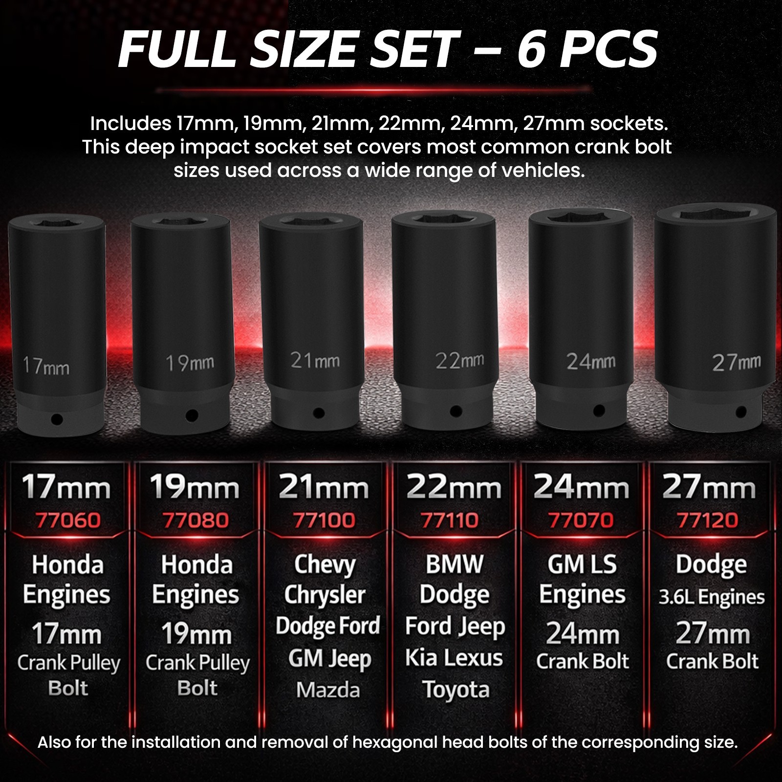 6 Pack Crank Bolt Socket Set 17/19/21/22/24/27mm Harmonic Balancer Impact Socket