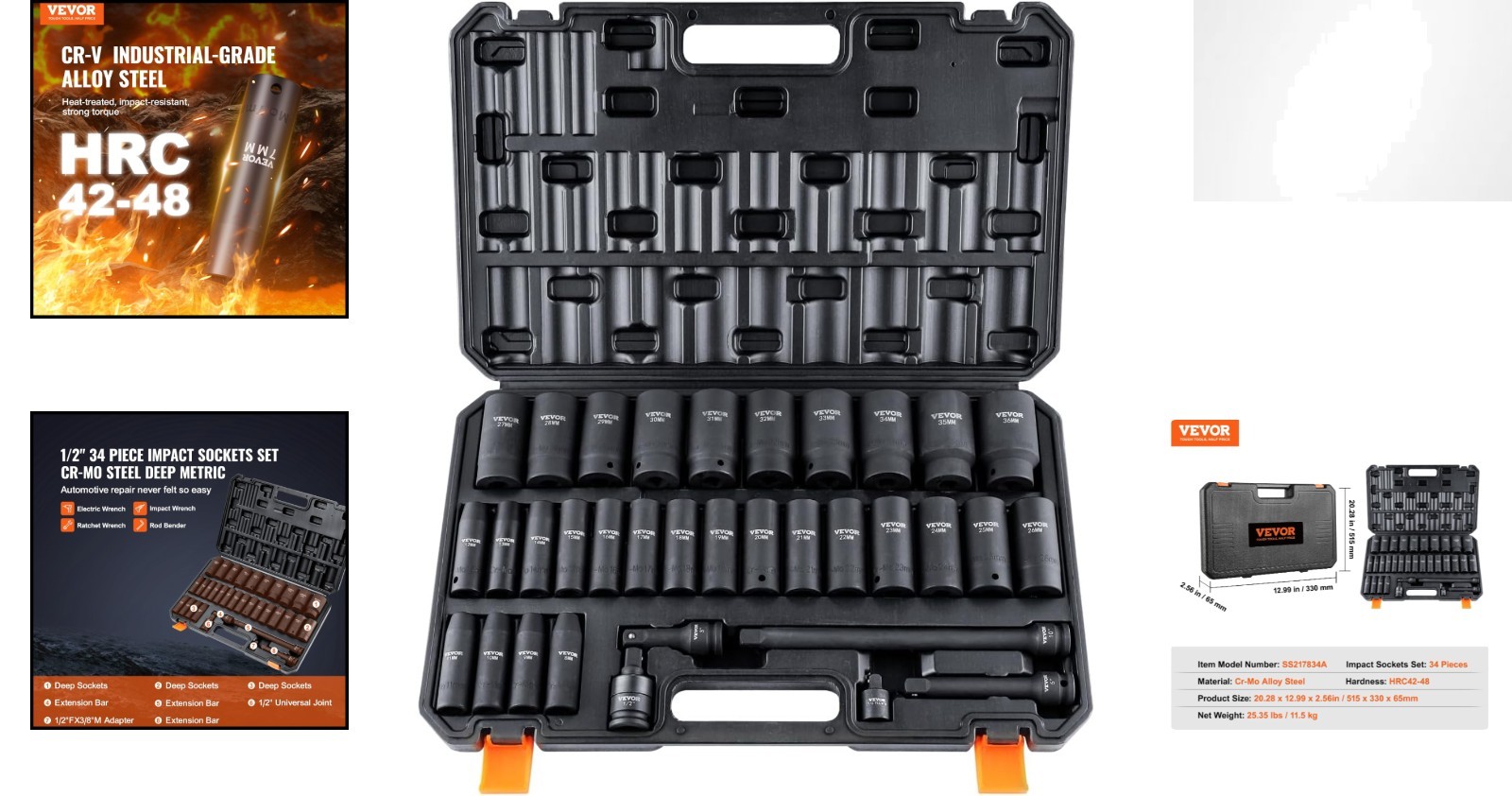 Durable 34pc Cr-Mo 1/2 Drive Socket Set for Auto Repair, Includes Storage Case