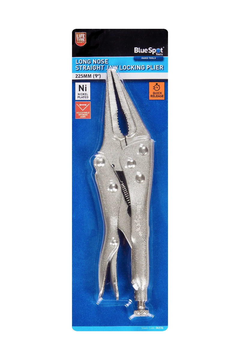 225mm 9″ Long Nose Straight Jaw Locking Plier Nickel Plated Steel Opening 06536