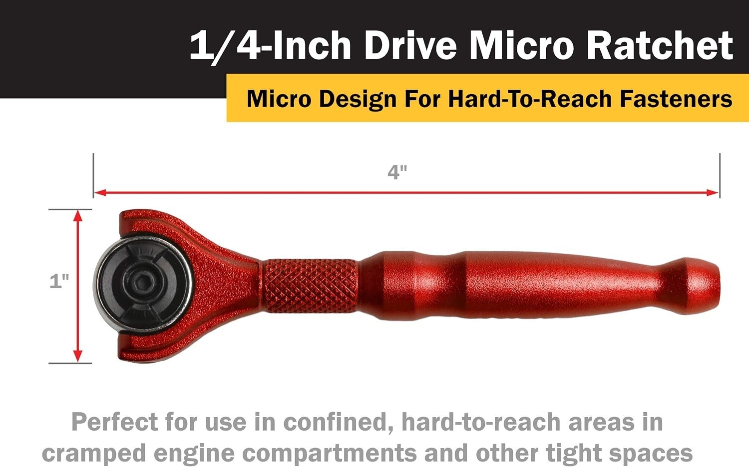 1/4 Drive 4 Inch 90 Tooth Swivel Head Micro Ratchet Red