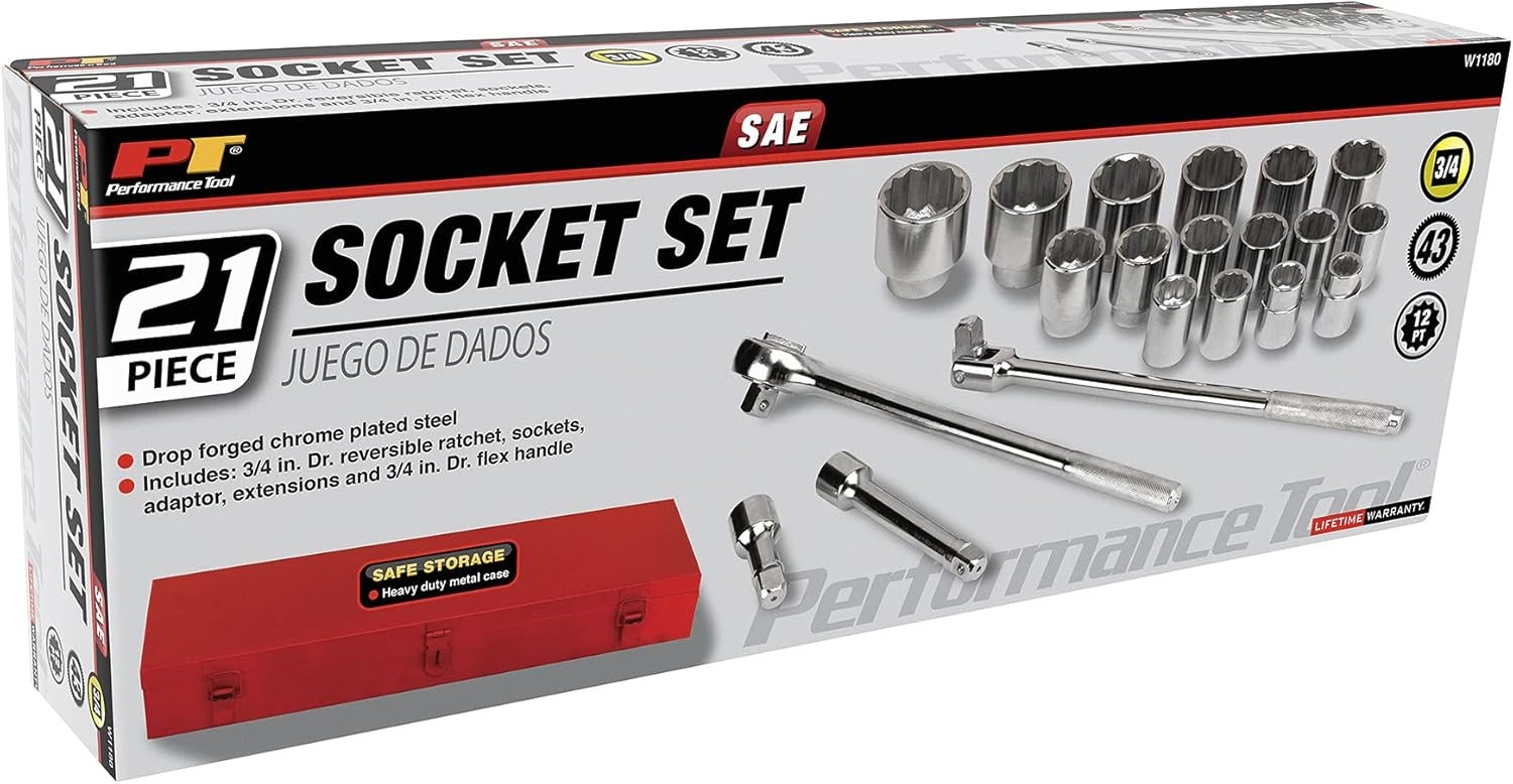 Performance Tool W1180 SAE 3/4-Inch Drive Socket Set, 21-Piece
