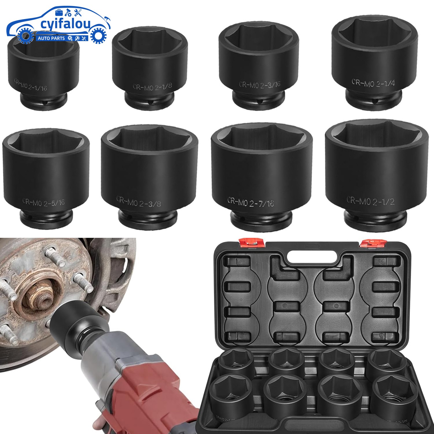 8-Piece Jumbo Impact Socket Set CR-MO 3/4″ Drive SAE 2-1/16″ to 2-1/2″ 6 Point