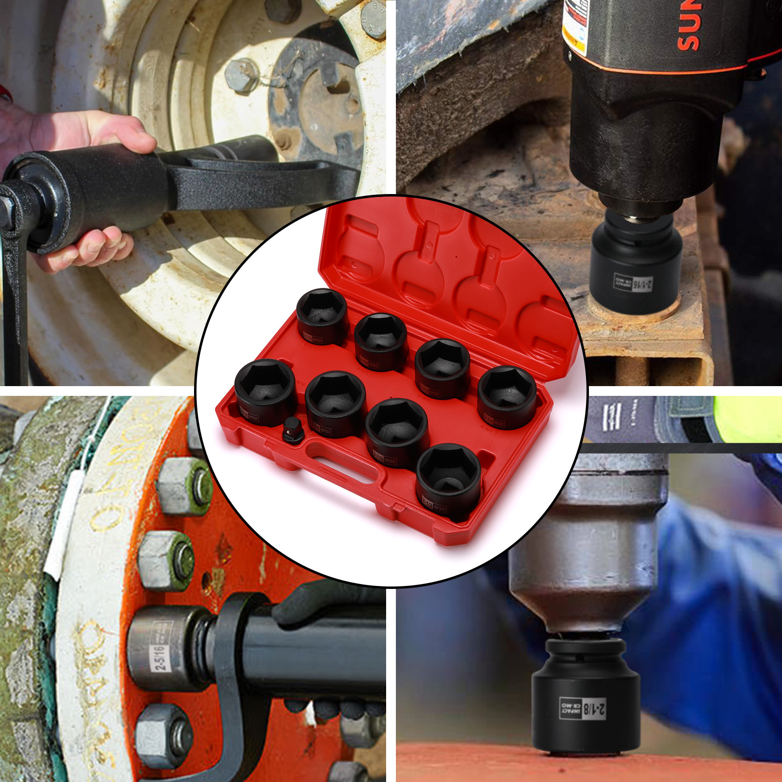 9PCS 3/4″ Drive Spindle Axle Nut Impact Socket Set 1/2″ to 3/4″ CR-MO 6 Point