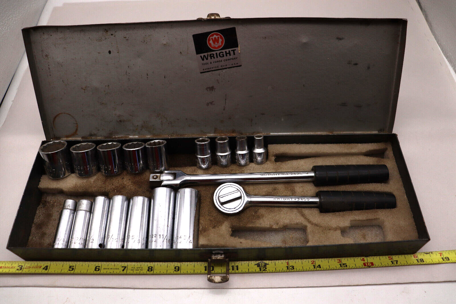 Vintage Wright Tool USA 3/8″ Drive Socket Set steel box Please See Description.