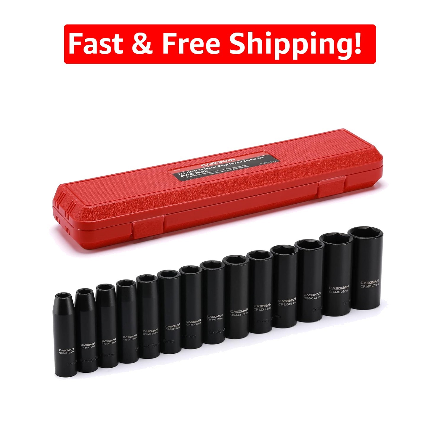 Comprehensive 14-Piece Chrome Molybdenum Deep Impact Socket Set in Storage Case