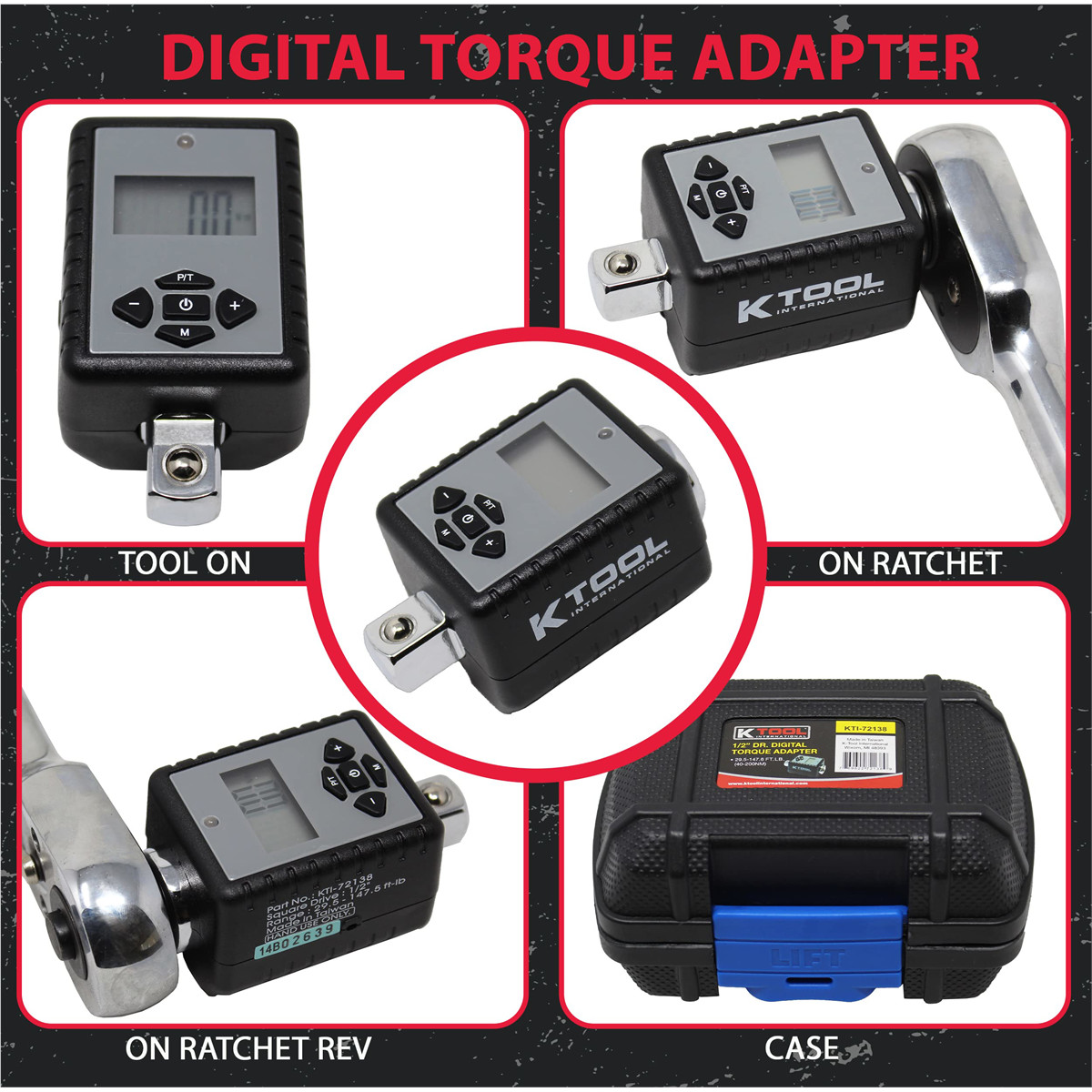 K Tool International 72138 Digital Torque Adapter 1/2 Drive 29.5 to 147.5 ft lbs