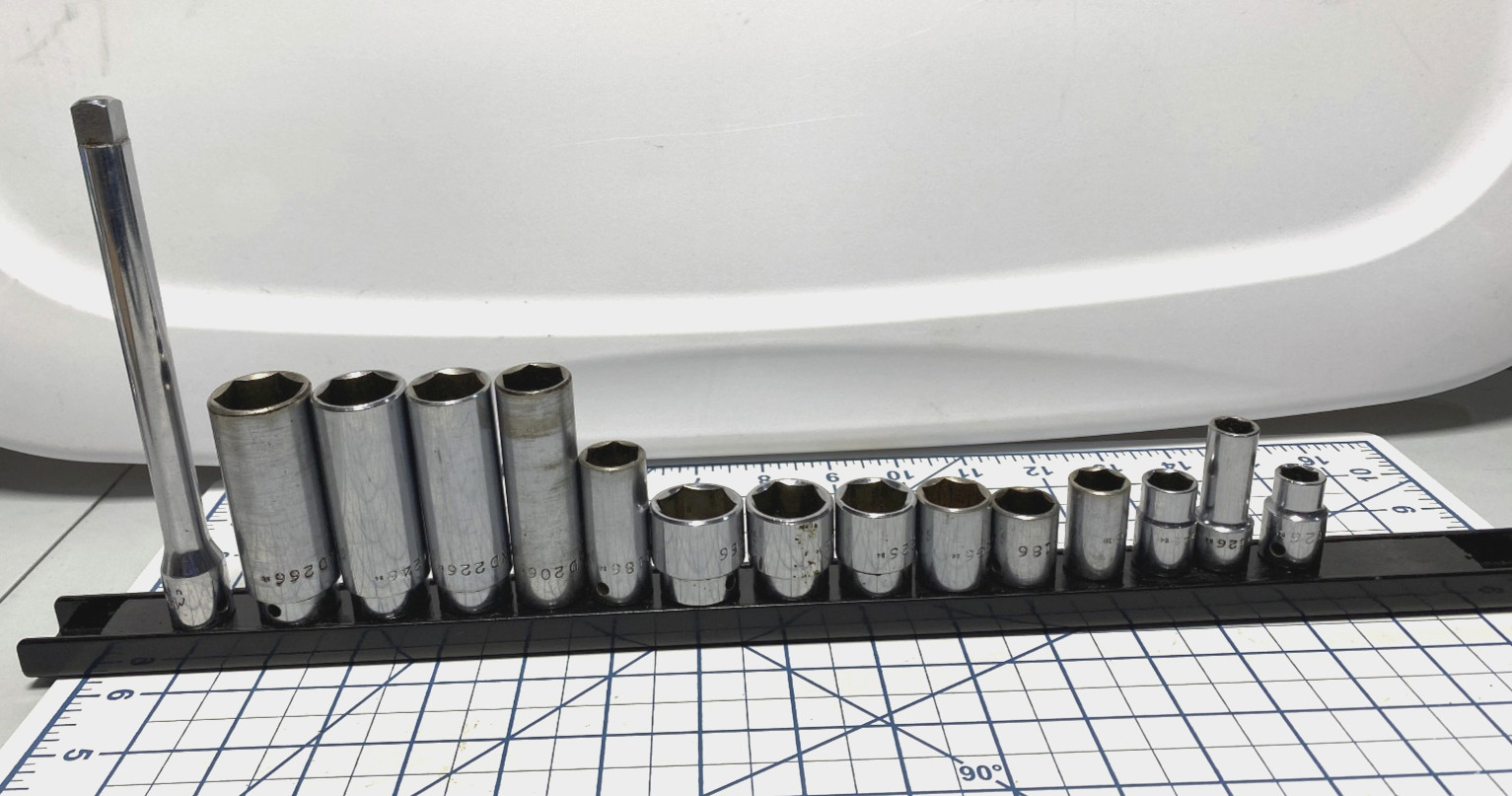 MAC Tools Asst Lot (14) SAE 3/8” drive Sockets 3/8” – 13/16” + Ext & Mag Holder